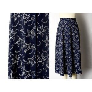 1990s Navy Midi Skirt Size Small 90s Button Front Skirt Vine Bouquet Print